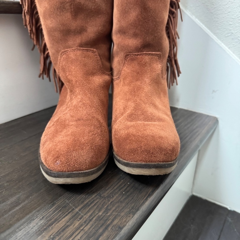 Lucky Brand Suede Fringe Brown Rodeo Campus Style Boho Leather Boots Size 8.5 - Picture 8 of 11